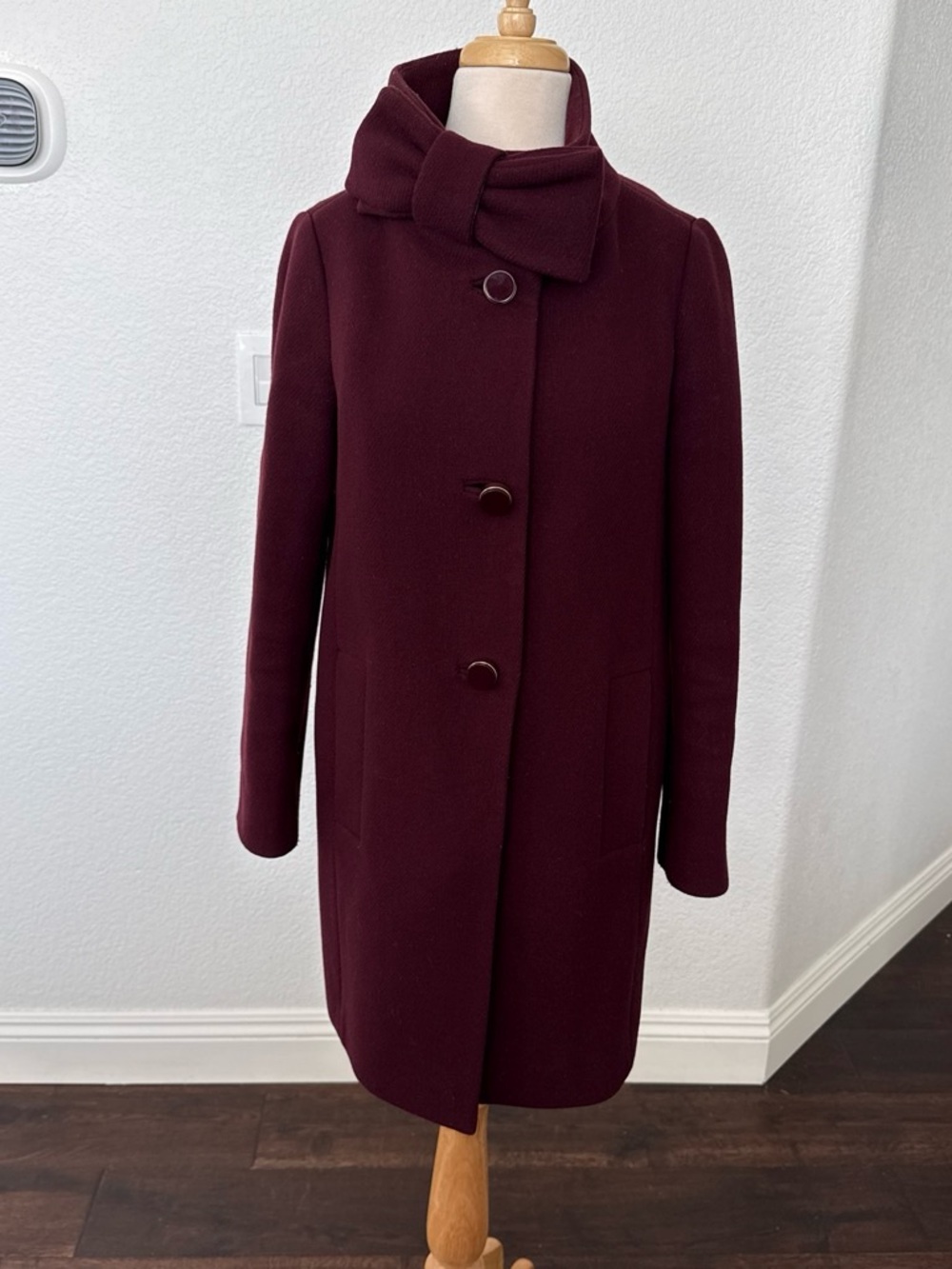 kate spade Deep Burgundy Wool Trench Coat with Scarf Collar